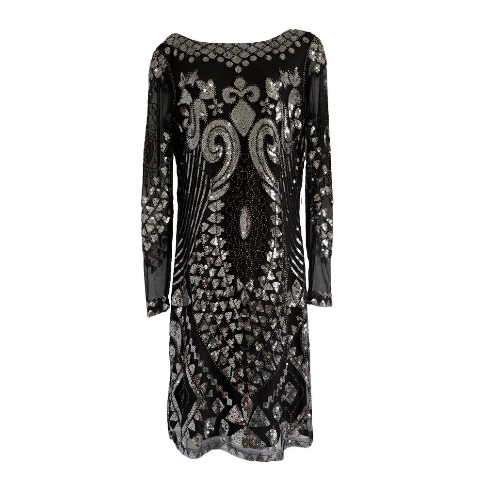 IZACU FLOCC Black Sequined Evening Dress Women's‎ Size Medium Long Sleeves